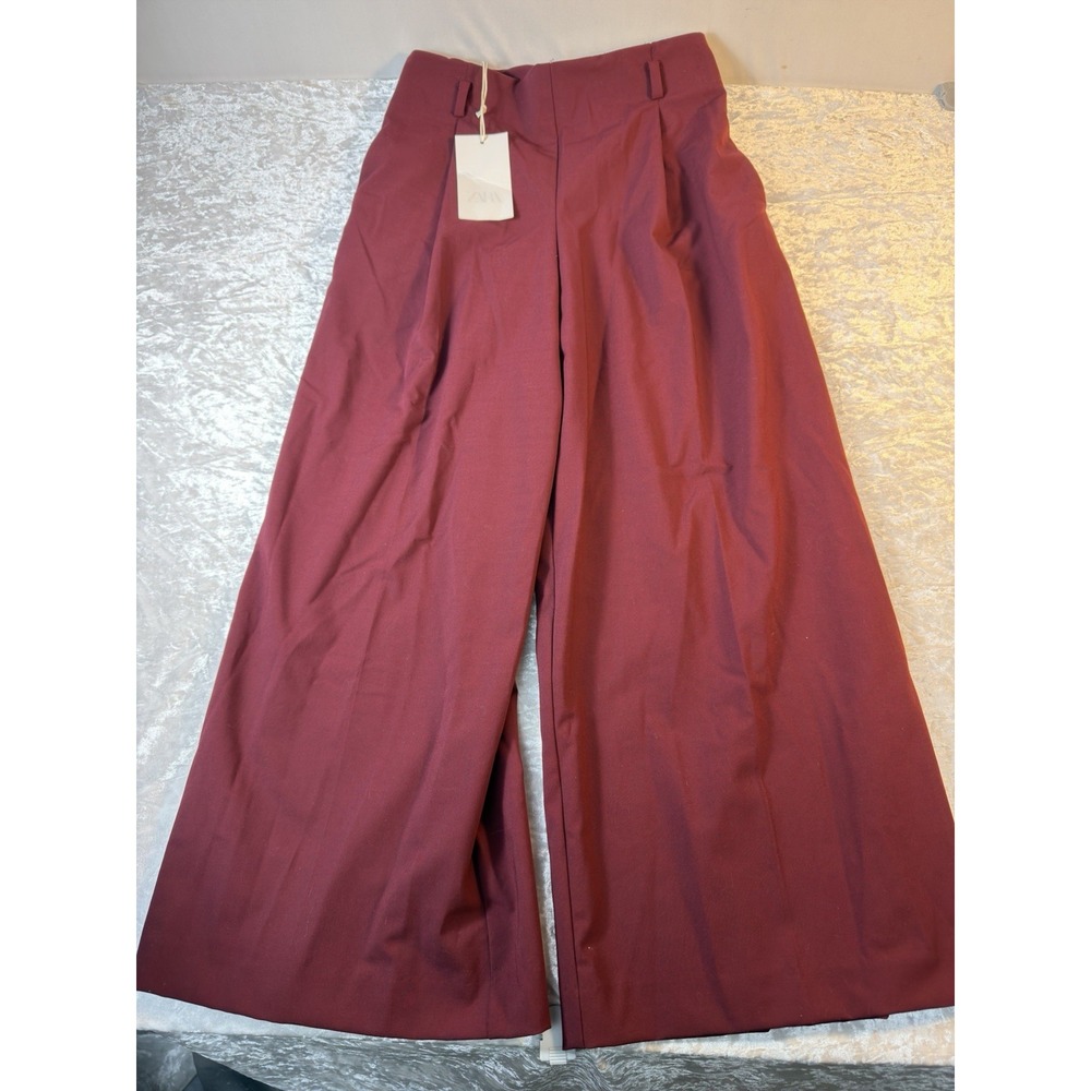 Zara Women's XS Burgundy Cropped Wide Leg Dress Pants High Rise Pleated NWT